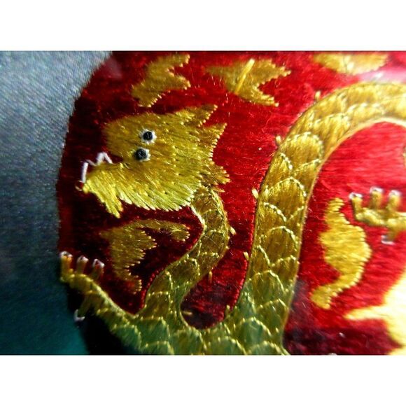 Framed Chinese Silk Embroidered Dragon Jar w Lid Beautifully Stitched Red & Gold - Picture 6 of 7